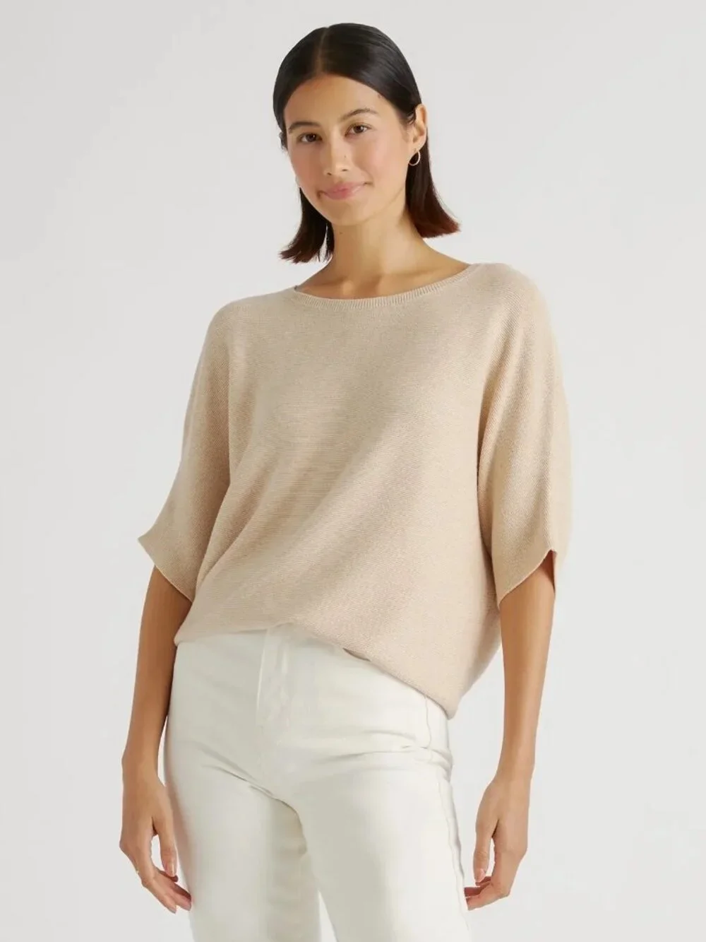Quince Lightweight Cotton Cashmere Link-Stitch Dolman Sweater L Heather Oatmeal
